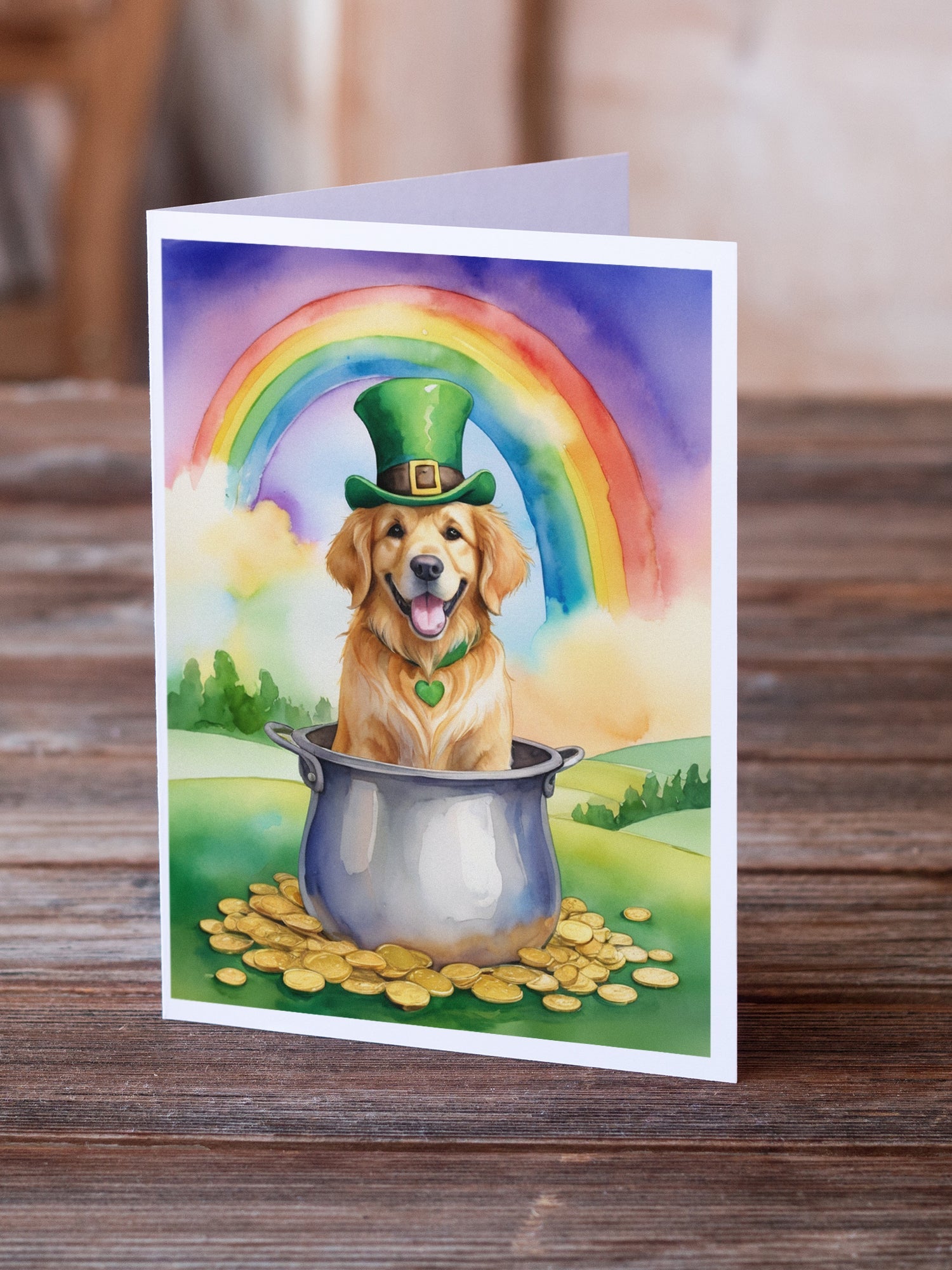 Golden Retriever St Patrick's Day Greeting Cards Pack of 8 Blank Cards with Envelopes Whimsical A7 Size 5x7