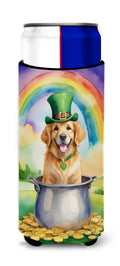 Golden Retriever St Patrick's Day Slim Can Hugger , Insulated Foam Hugger for 12 oz Slim Cans, Beer Bottles & Water Bottles, Printed in USA