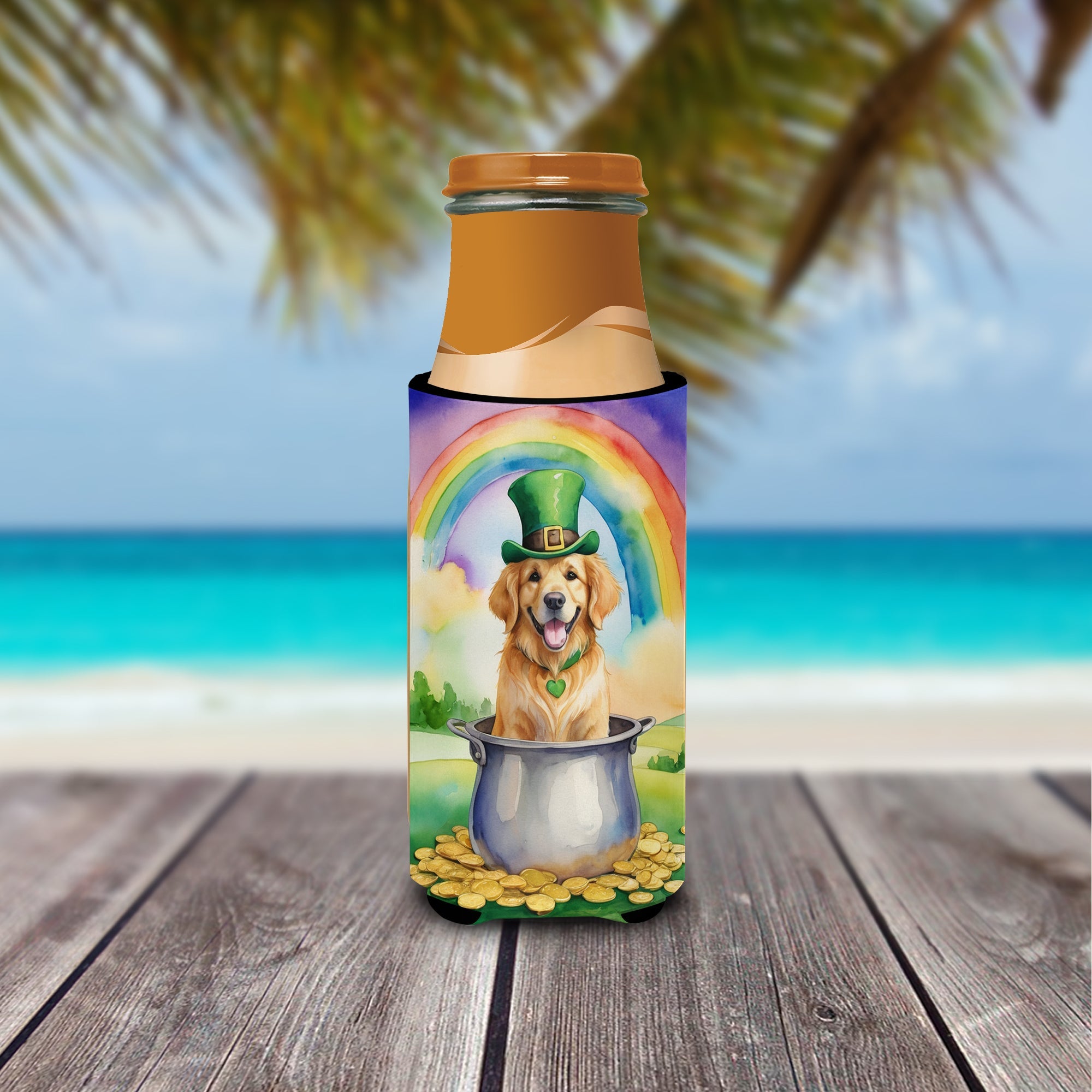 Golden Retriever St Patrick's Day Slim Can Hugger , Insulated Foam Hugger for 12 oz Slim Cans, Beer Bottles & Water Bottles, Printed in USA