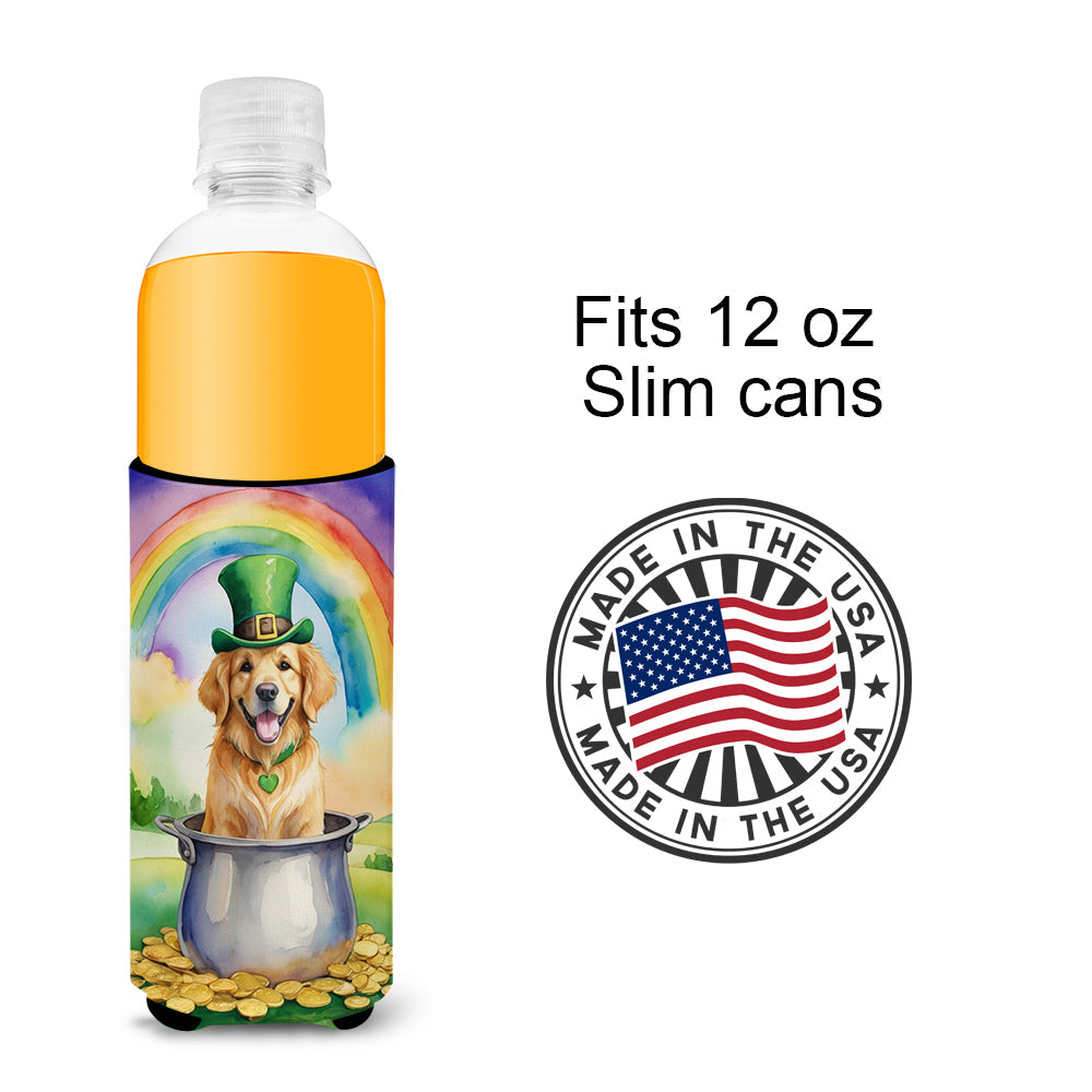 Golden Retriever St Patrick's Day Slim Can Hugger , Insulated Foam Hugger for 12 oz Slim Cans, Beer Bottles & Water Bottles, Printed in USA