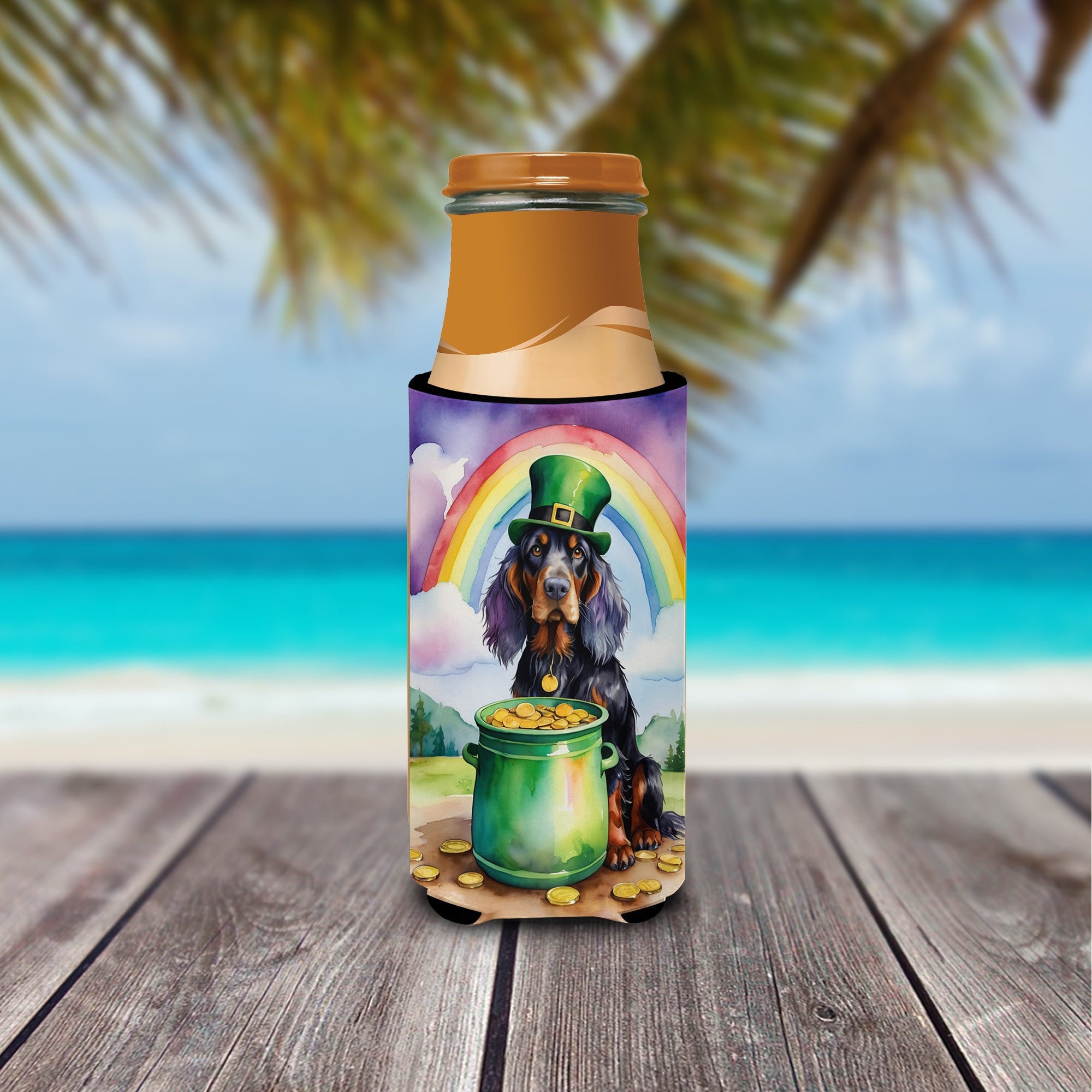 Gordon Setter St Patrick's Day Slim Can Hugger , Insulated Foam Hugger for 12 oz Slim Cans, Beer Bottles & Water Bottles, Printed in USA