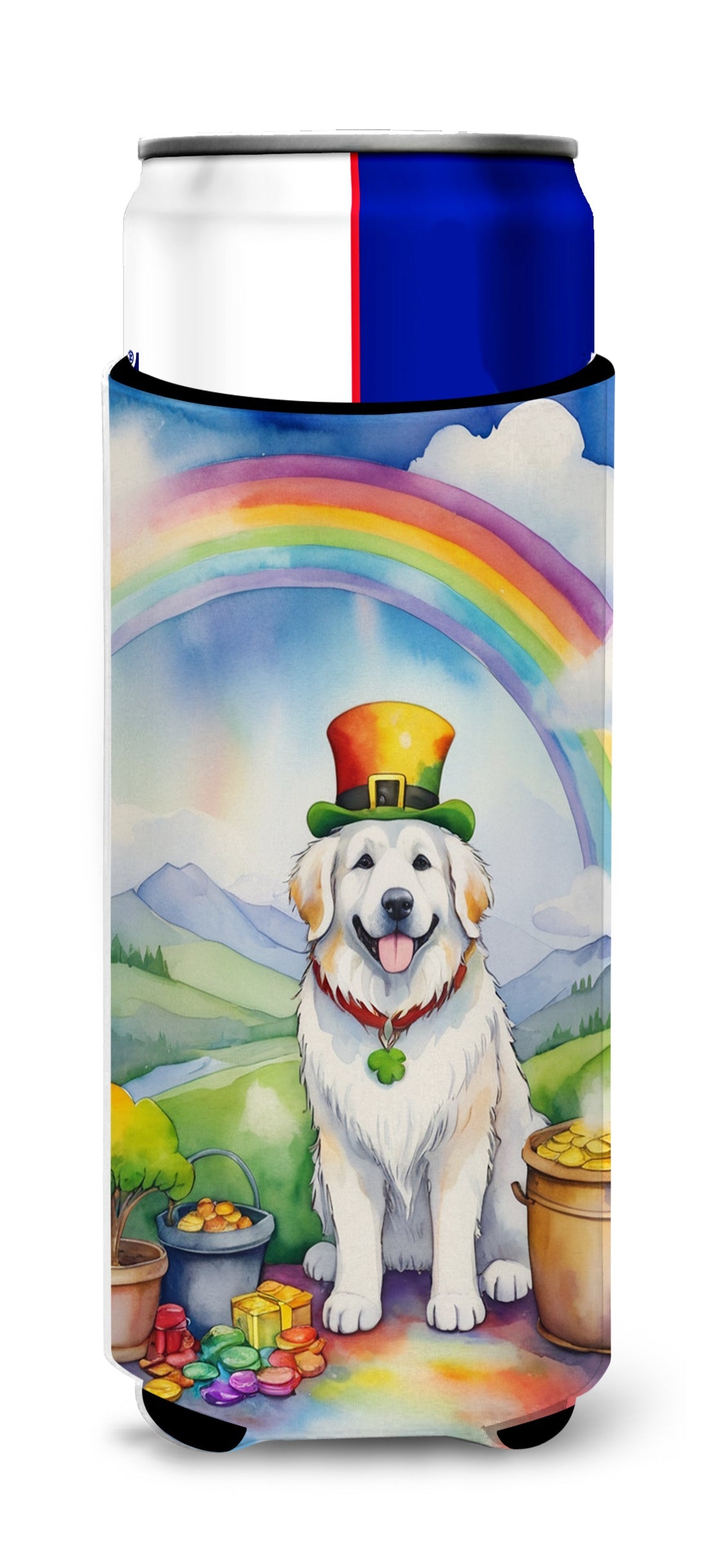 Great Pyrenees St Patrick's Day Slim Can Hugger , Insulated Foam Hugger for 12 oz Slim Cans, Beer Bottles & Water Bottles, Printed in USA