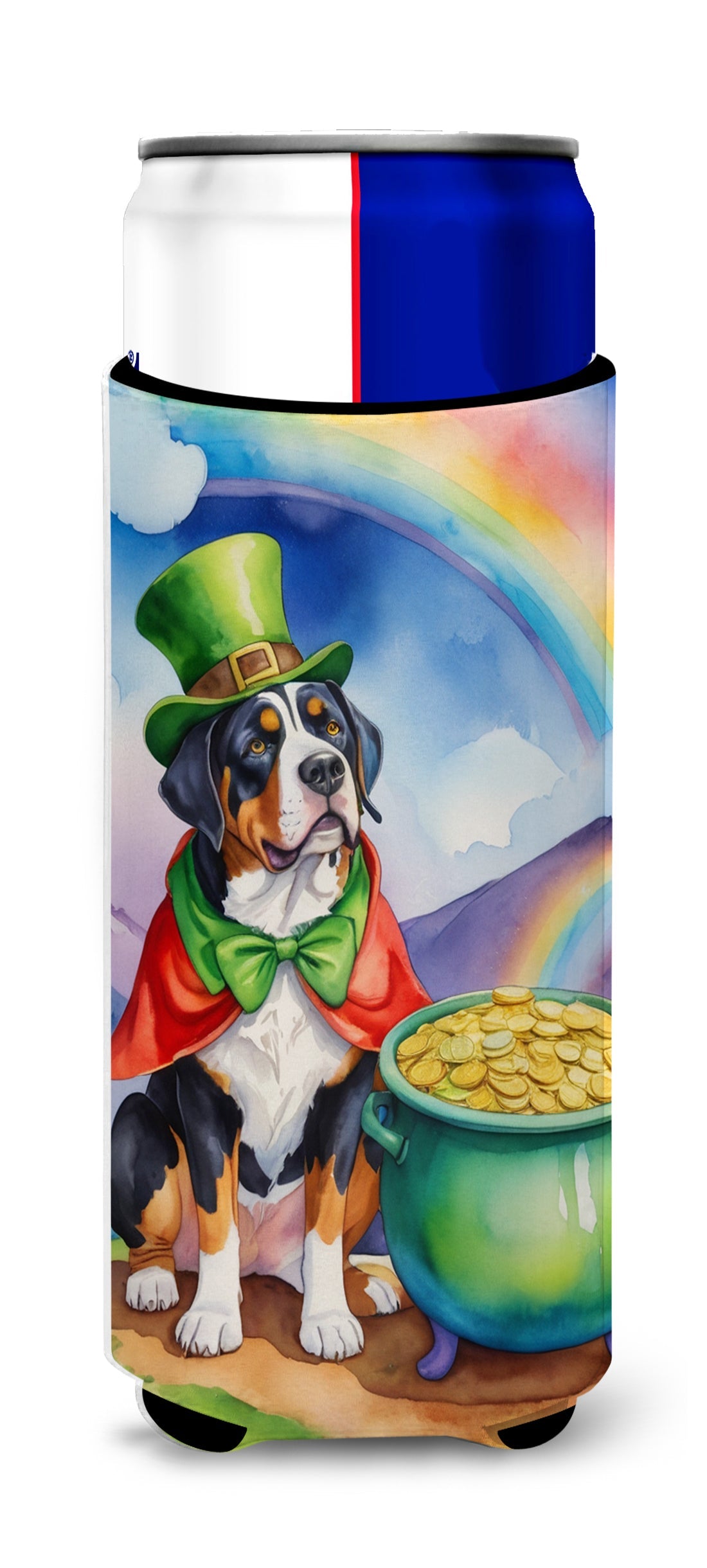 Greater Swiss Mountain Dog St Patrick's Day Slim Can Hugger , Insulated Foam Hugger for 12 oz Slim Cans, Beer Bottles & Water Bottles, Printed in USA