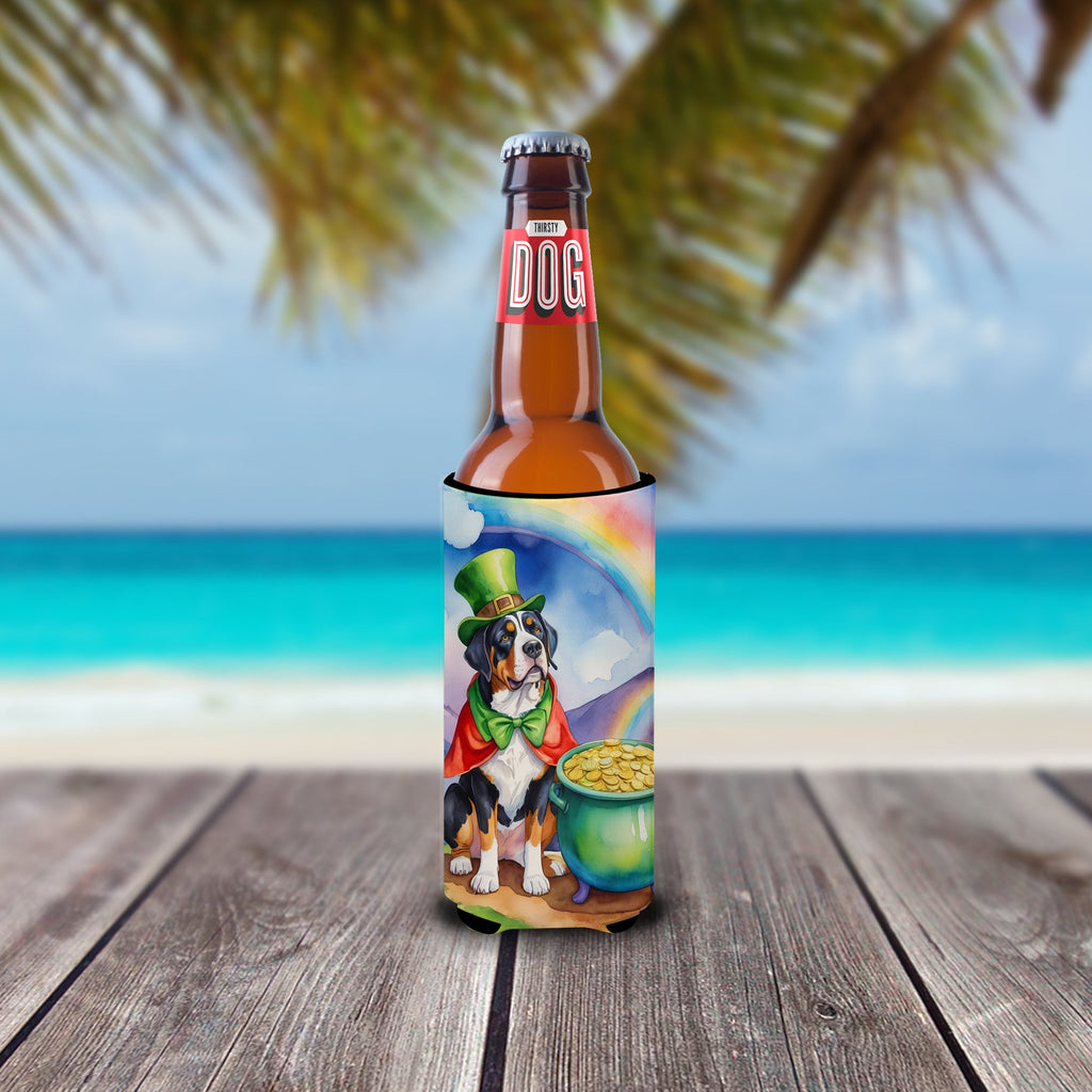 Greater Swiss Mountain Dog St Patrick's Day Slim Can Hugger , Insulated Foam Hugger for 12 oz Slim Cans, Beer Bottles & Water Bottles, Printed in USA