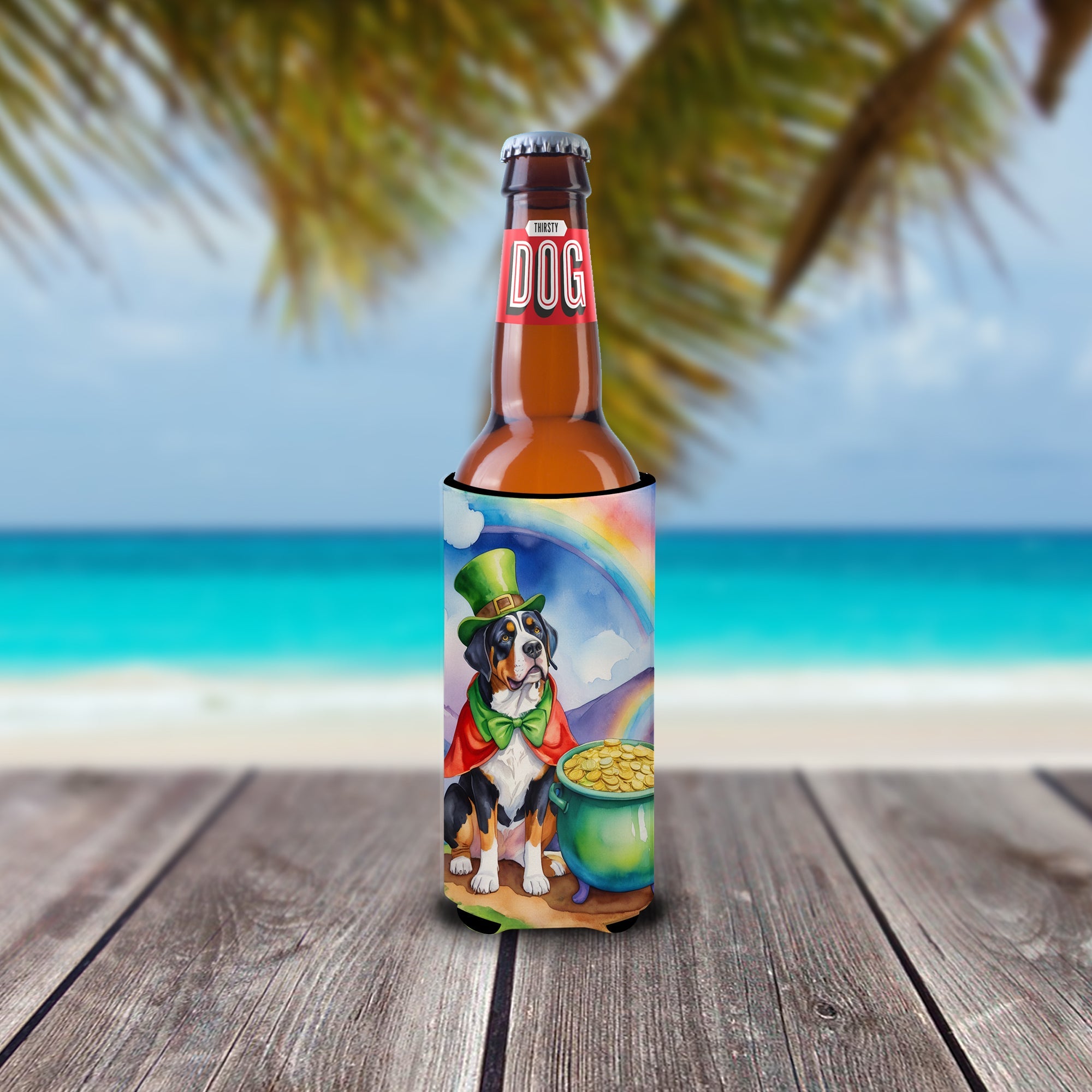 Greater Swiss Mountain Dog St Patrick's Day Slim Can Hugger , Insulated Foam Hugger for 12 oz Slim Cans, Beer Bottles & Water Bottles, Printed in USA