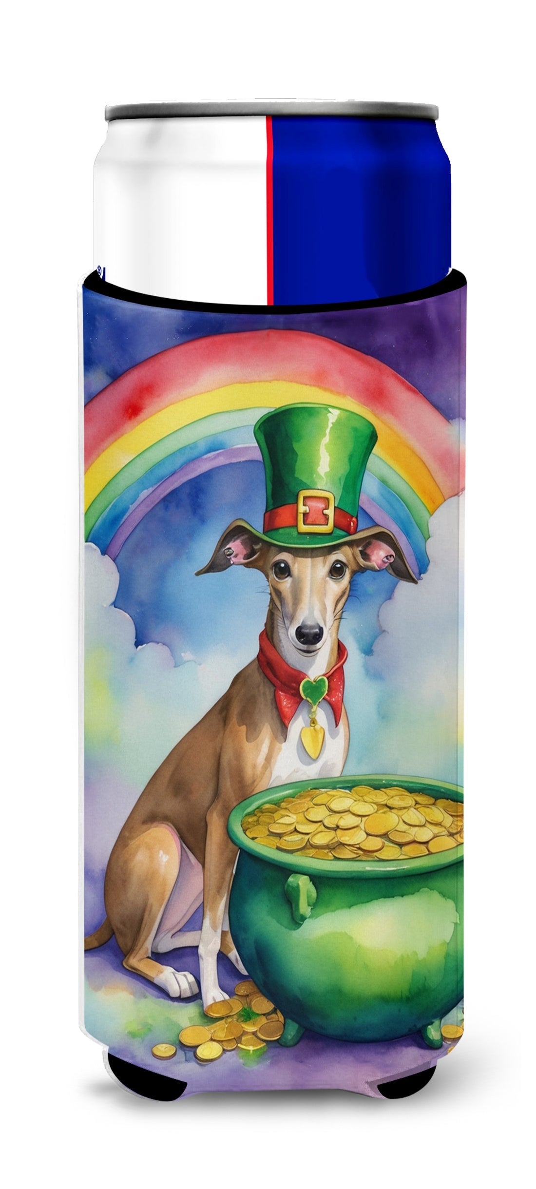Greyhound St Patrick's Day Slim Can Hugger , Insulated Foam Hugger for 12 oz Slim Cans, Beer Bottles & Water Bottles, Printed in USA