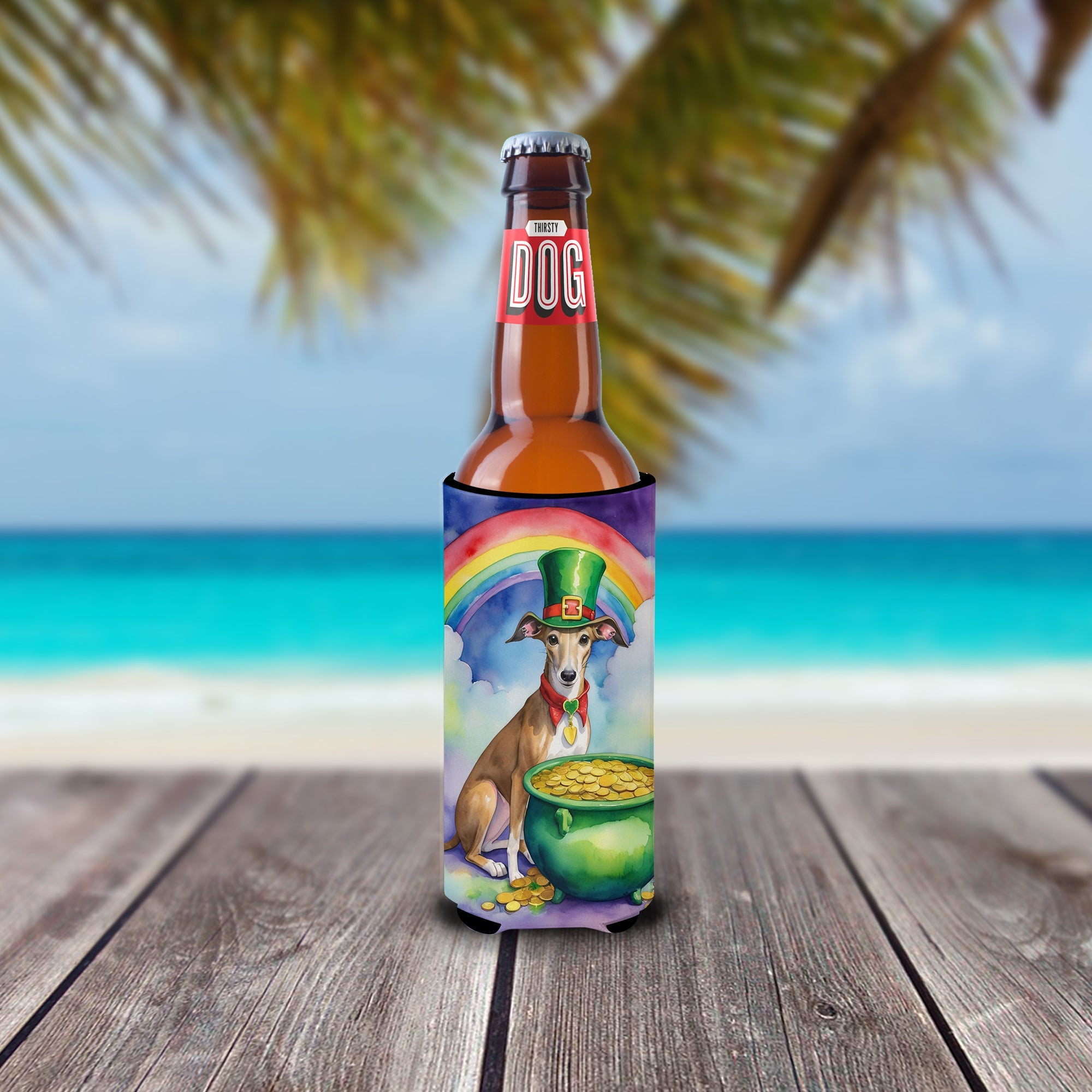 Greyhound St Patrick's Day Slim Can Hugger , Insulated Foam Hugger for 12 oz Slim Cans, Beer Bottles & Water Bottles, Printed in USA
