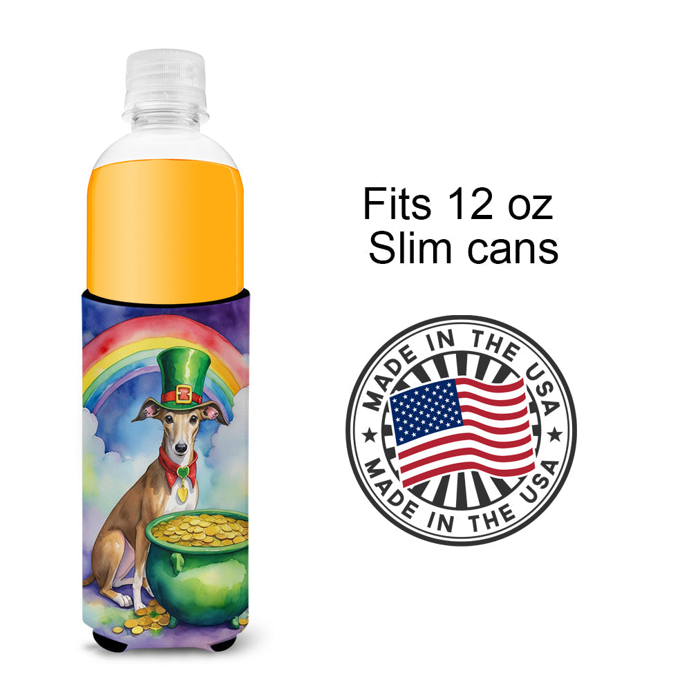 Greyhound St Patrick's Day Slim Can Hugger , Insulated Foam Hugger for 12 oz Slim Cans, Beer Bottles & Water Bottles, Printed in USA