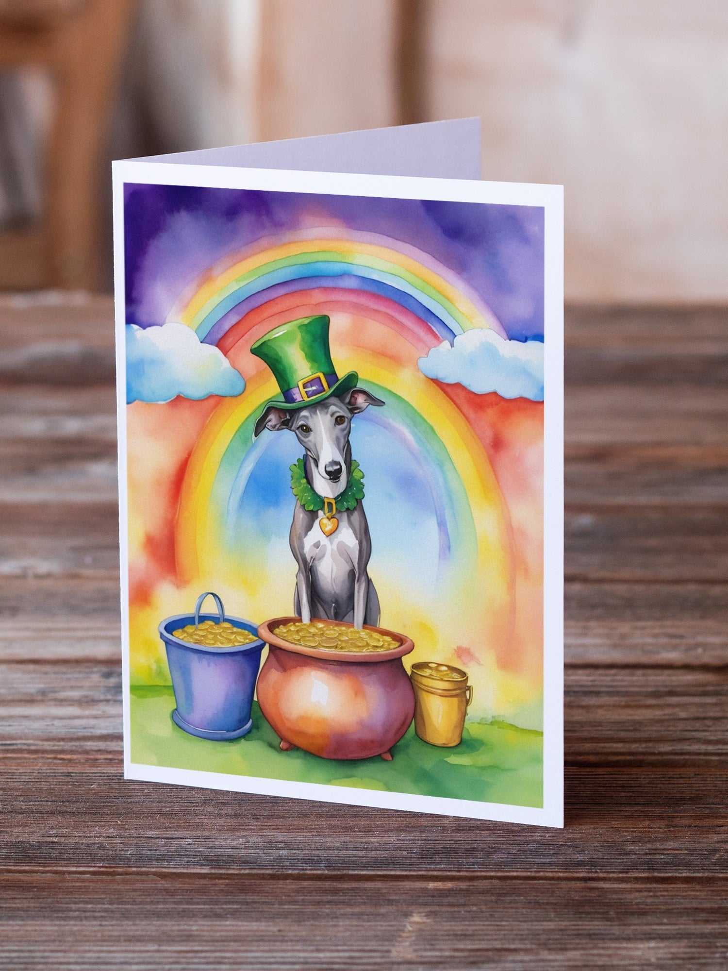 Greyhound St Patrick's Day Greeting Cards Pack of 8 Blank Cards with Envelopes Whimsical A7 Size 5x7