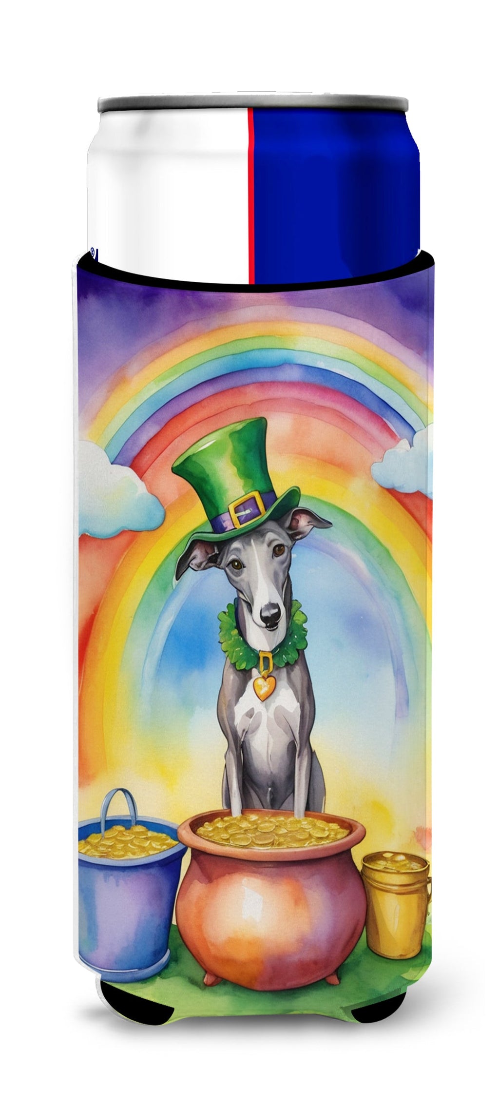 Greyhound St Patrick's Day Slim Can Hugger , Insulated Foam Hugger for 12 oz Slim Cans, Beer Bottles & Water Bottles, Printed in USA