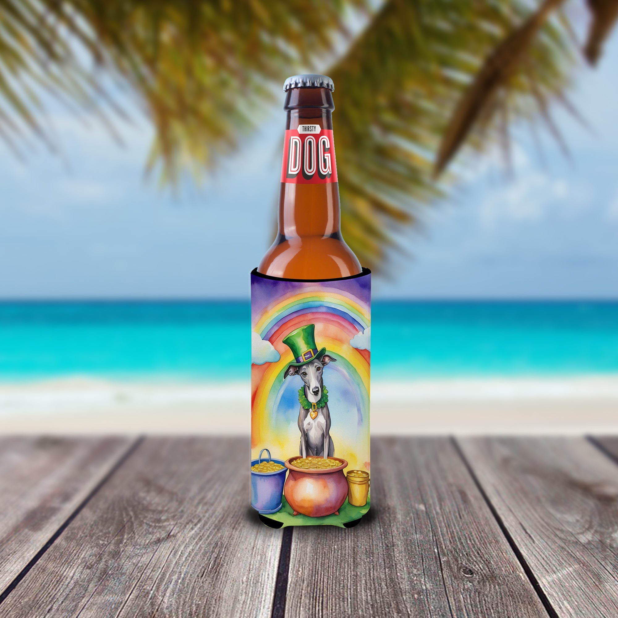 Greyhound St Patrick's Day Slim Can Hugger , Insulated Foam Hugger for 12 oz Slim Cans, Beer Bottles & Water Bottles, Printed in USA