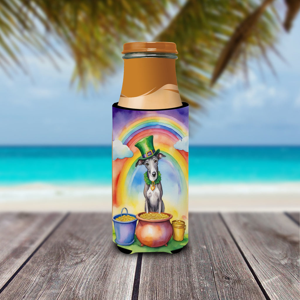 Greyhound St Patrick's Day Slim Can Hugger , Insulated Foam Hugger for 12 oz Slim Cans, Beer Bottles & Water Bottles, Printed in USA