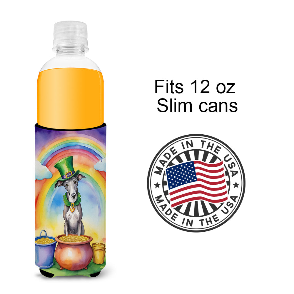 Greyhound St Patrick's Day Slim Can Hugger , Insulated Foam Hugger for 12 oz Slim Cans, Beer Bottles & Water Bottles, Printed in USA