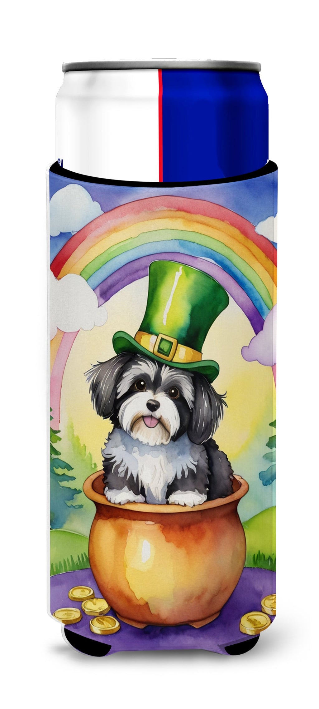 Havanese St Patrick's Day Slim Can Hugger , Insulated Foam Hugger for 12 oz Slim Cans, Beer Bottles & Water Bottles, Printed in USA
