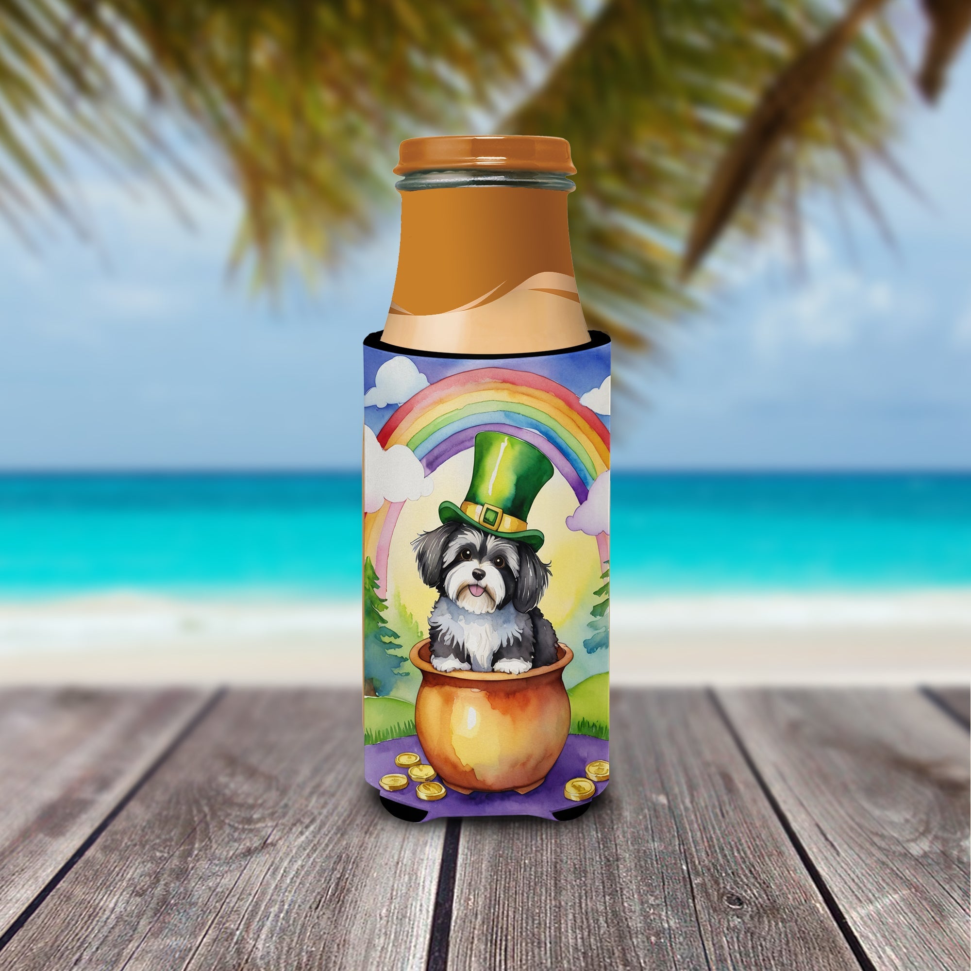 Havanese St Patrick's Day Slim Can Hugger , Insulated Foam Hugger for 12 oz Slim Cans, Beer Bottles & Water Bottles, Printed in USA