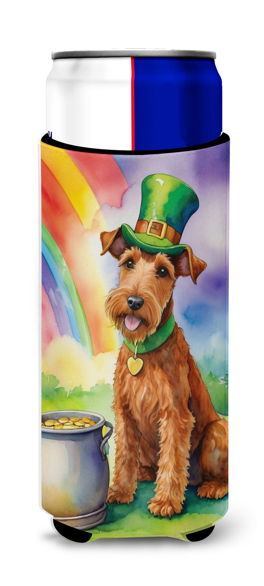 Irish Terrier St Patrick's Day Slim Can Hugger , Insulated Foam Hugger for 12 oz Slim Cans, Beer Bottles & Water Bottles, Printed in USA
