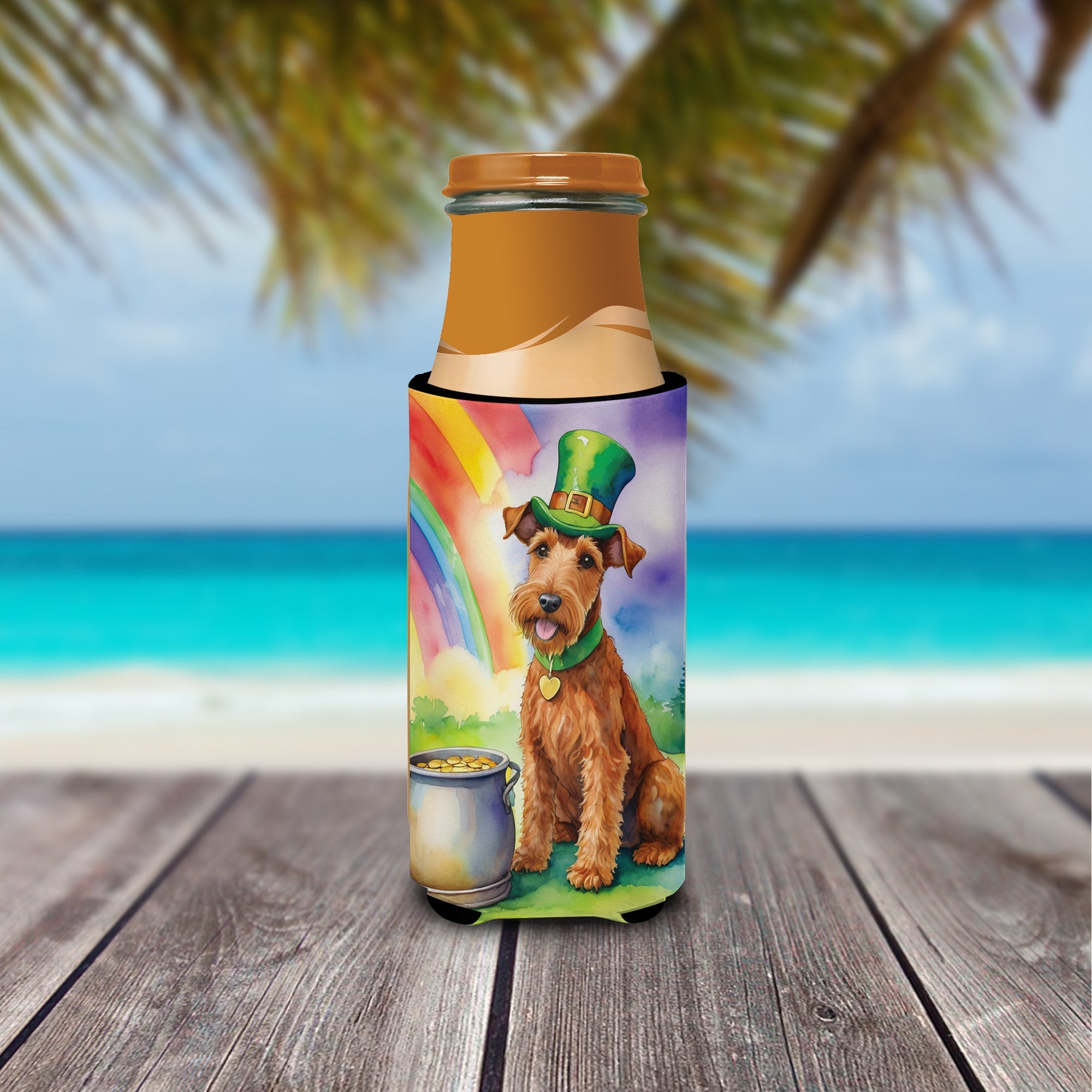 Irish Terrier St Patrick's Day Slim Can Hugger , Insulated Foam Hugger for 12 oz Slim Cans, Beer Bottles & Water Bottles, Printed in USA