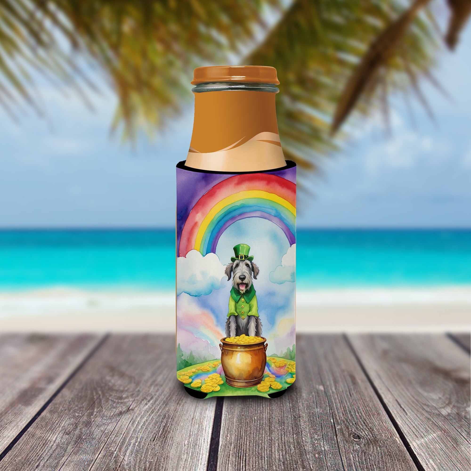 Irish Wolfhound St Patrick's Day Slim Can Hugger , Insulated Foam Hugger for 12 oz Slim Cans, Beer Bottles & Water Bottles, Printed in USA