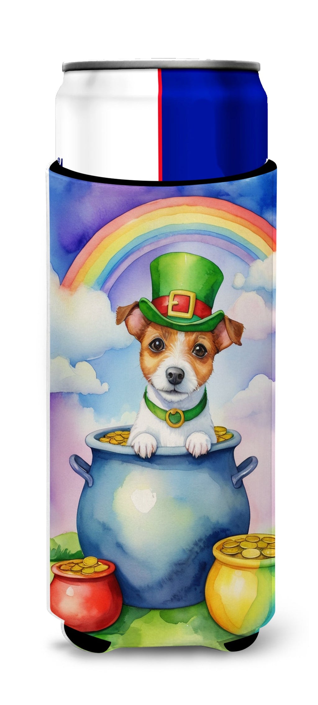 Jack Russell Terrier St Patrick's Day Slim Can Hugger , Insulated Foam Hugger for 12 oz Slim Cans, Beer Bottles & Water Bottles, Printed in USA