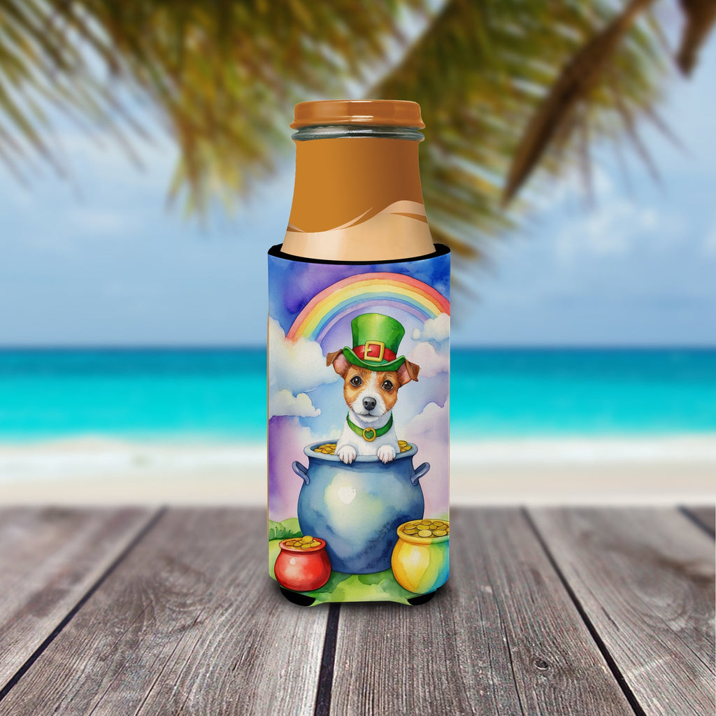 Jack Russell Terrier St Patrick's Day Slim Can Hugger , Insulated Foam Hugger for 12 oz Slim Cans, Beer Bottles & Water Bottles, Printed in USA