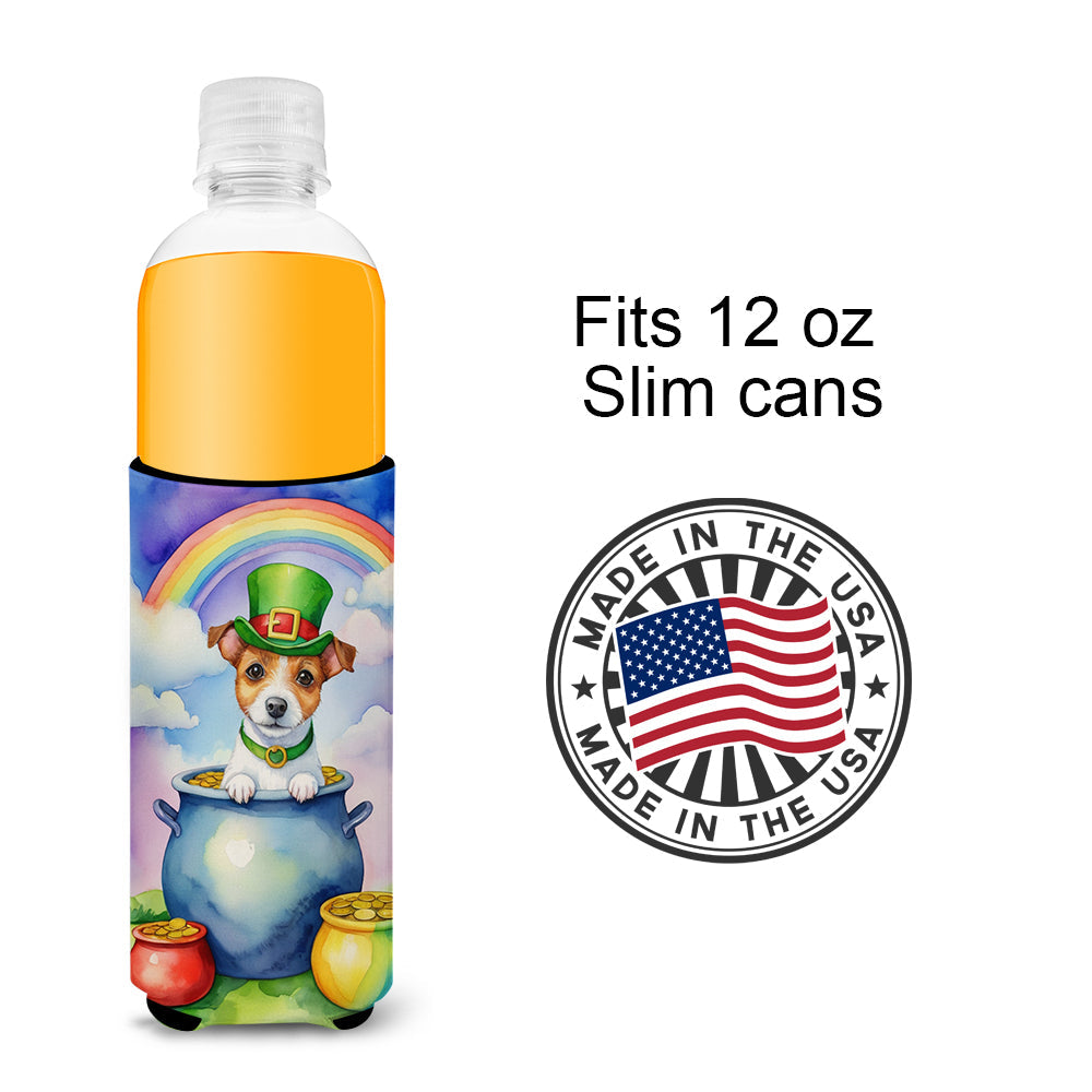 Jack Russell Terrier St Patrick's Day Slim Can Hugger , Insulated Foam Hugger for 12 oz Slim Cans, Beer Bottles & Water Bottles, Printed in USA