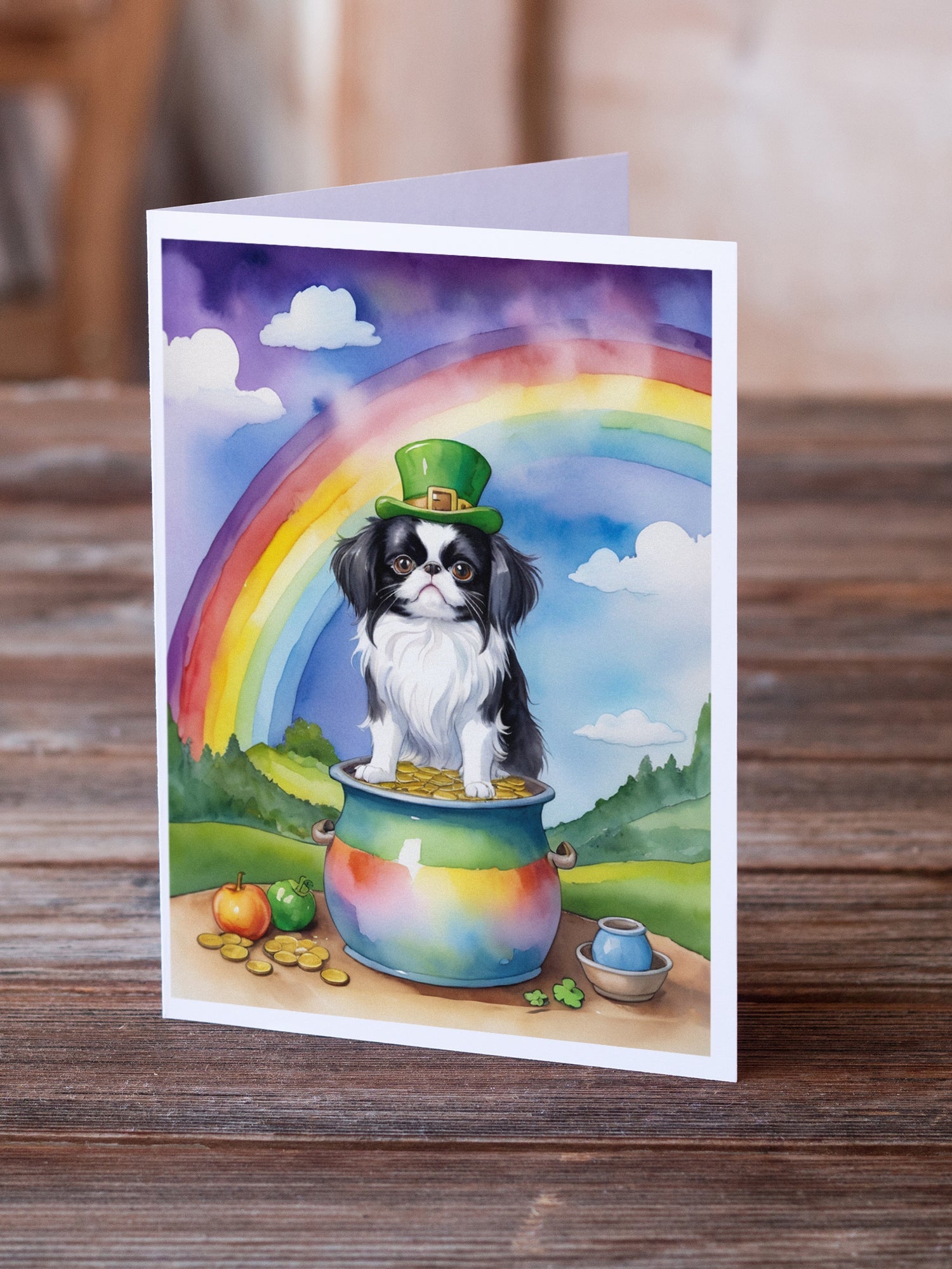 Japanese Chin St Patrick's Day Greeting Cards Pack of 8 Blank Cards with Envelopes Whimsical A7 Size 5x7