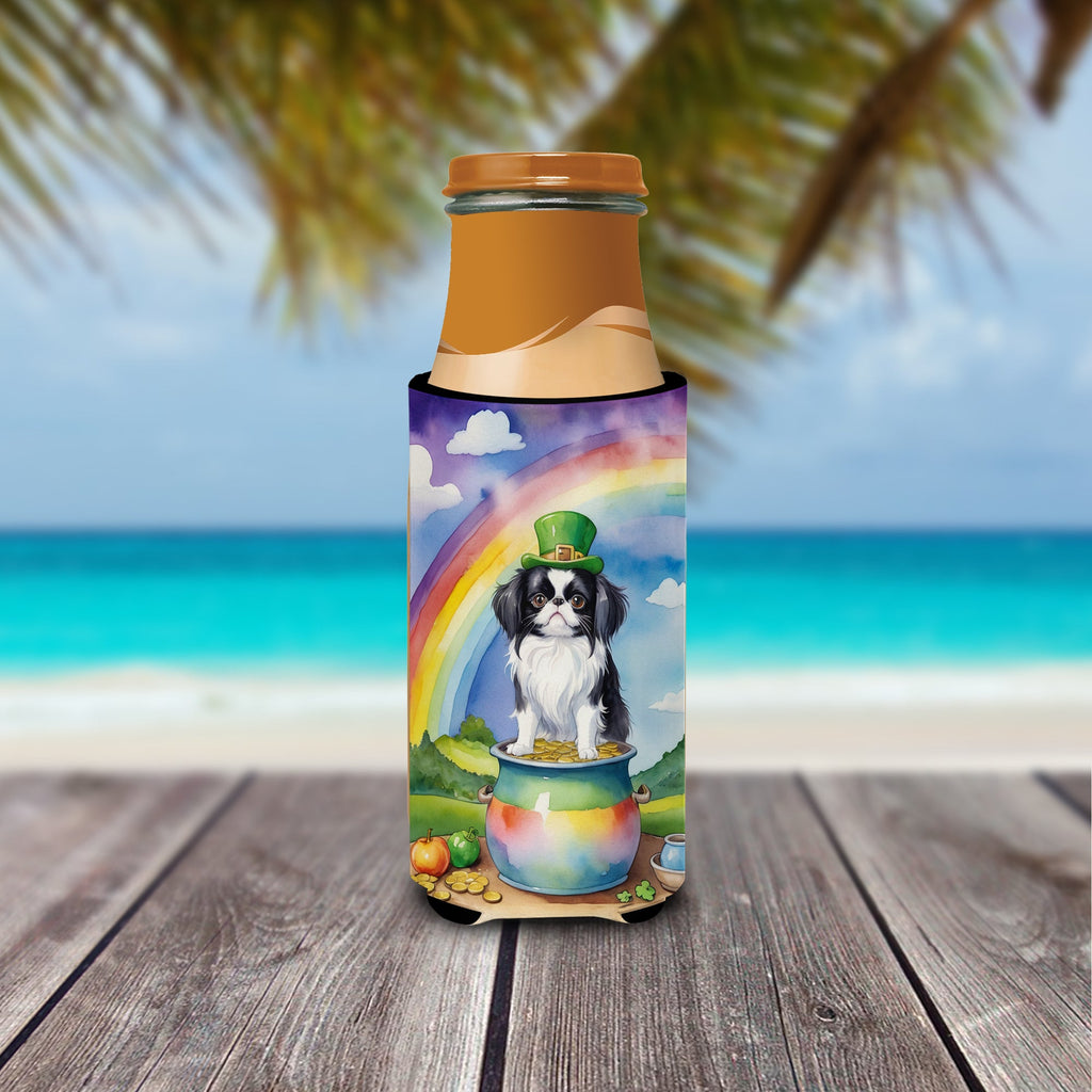 Japanese Chin St Patrick's Day Slim Can Hugger , Insulated Foam Hugger for 12 oz Slim Cans, Beer Bottles & Water Bottles, Printed in USA