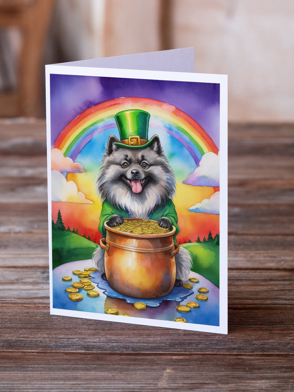Keeshond St Patrick's Day Greeting Cards Pack of 8 Blank Cards with Envelopes Whimsical A7 Size 5x7