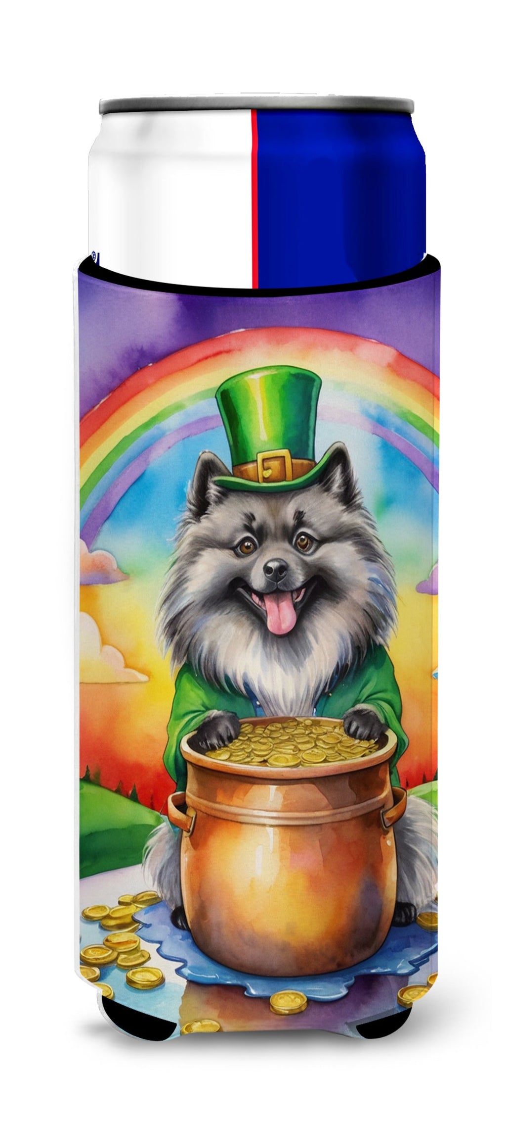 Keeshond St Patrick's Day Slim Can Hugger , Insulated Foam Hugger for 12 oz Slim Cans, Beer Bottles & Water Bottles, Printed in USA