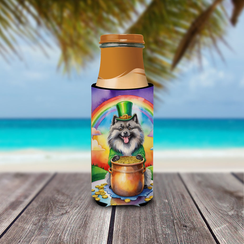 Keeshond St Patrick's Day Slim Can Hugger , Insulated Foam Hugger for 12 oz Slim Cans, Beer Bottles & Water Bottles, Printed in USA