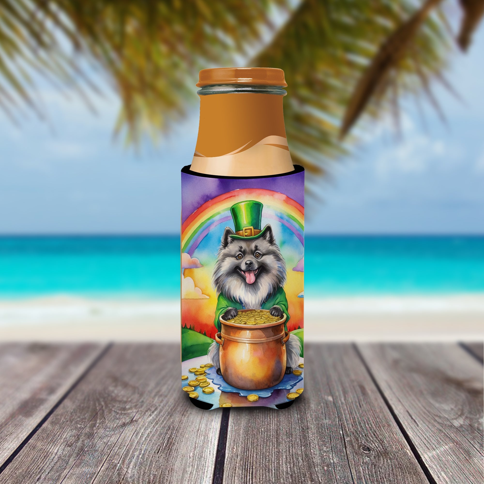 Keeshond St Patrick's Day Slim Can Hugger , Insulated Foam Hugger for 12 oz Slim Cans, Beer Bottles & Water Bottles, Printed in USA