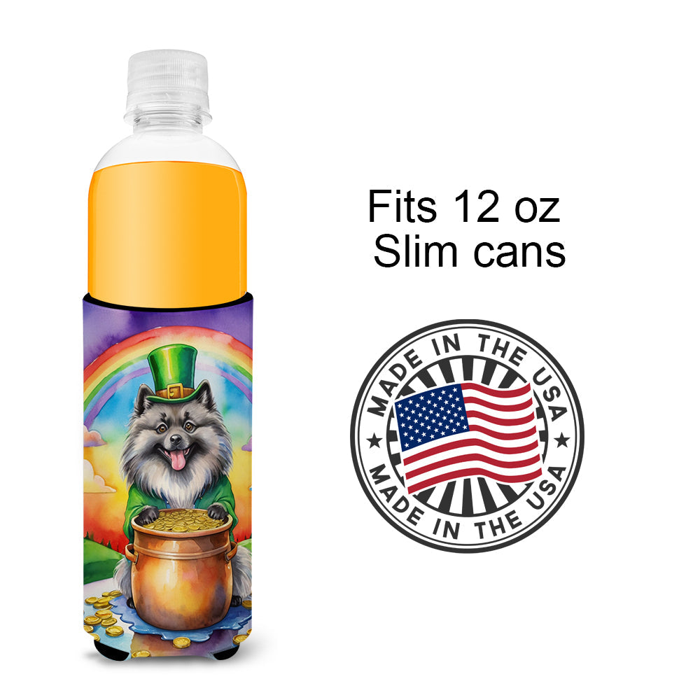 Keeshond St Patrick's Day Slim Can Hugger , Insulated Foam Hugger for 12 oz Slim Cans, Beer Bottles & Water Bottles, Printed in USA