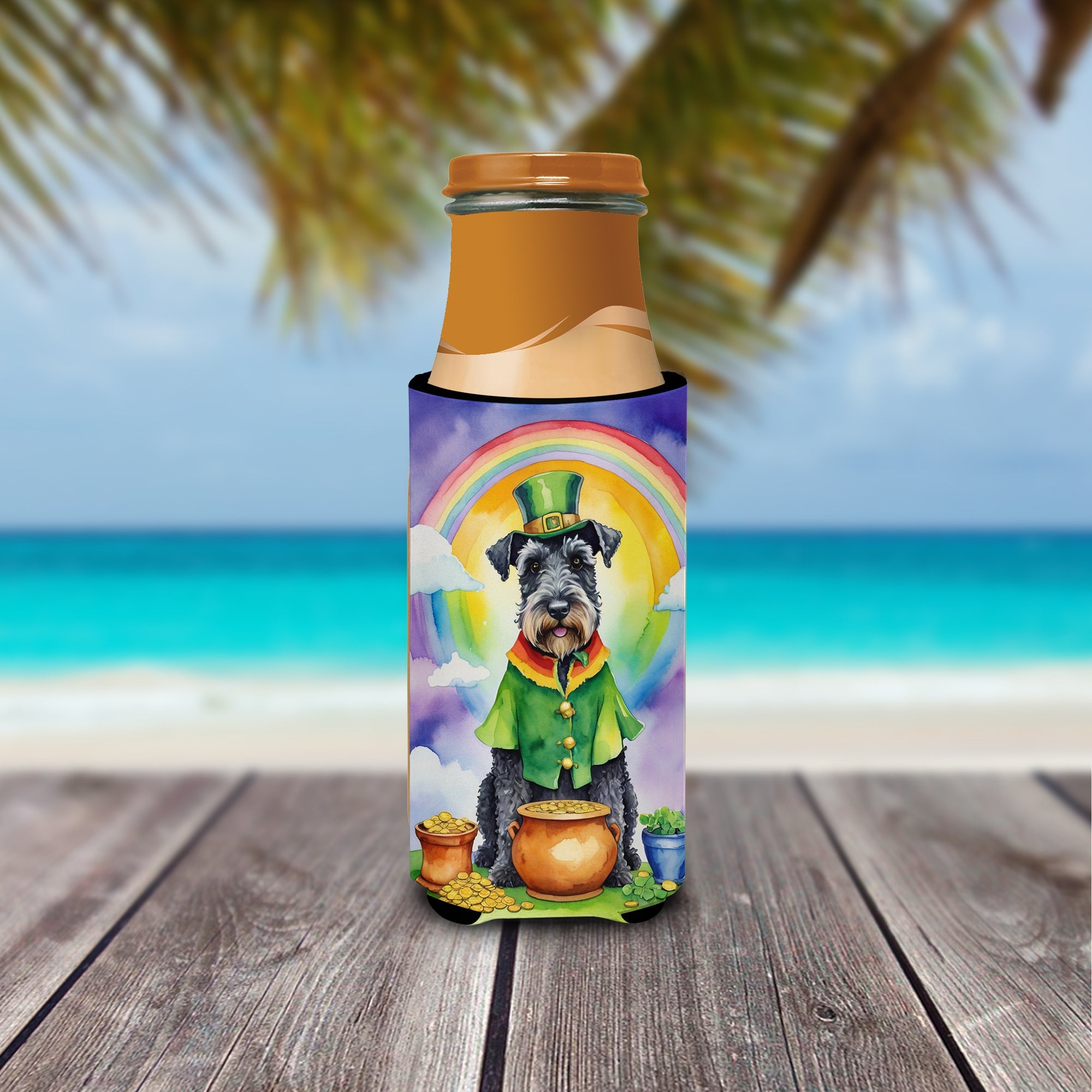 Kerry Blue Terrier St Patrick's Day Slim Can Hugger , Insulated Foam Hugger for 12 oz Slim Cans, Beer Bottles & Water Bottles, Printed in USA