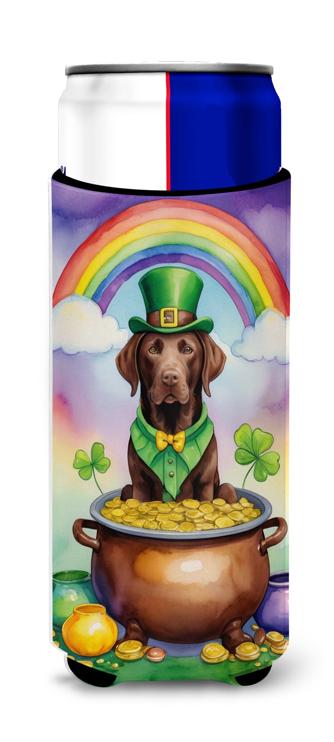 Labrador Retriever St Patrick's Day Slim Can Hugger , Insulated Foam Hugger for 12 oz Slim Cans, Beer Bottles & Water Bottles, Printed in USA