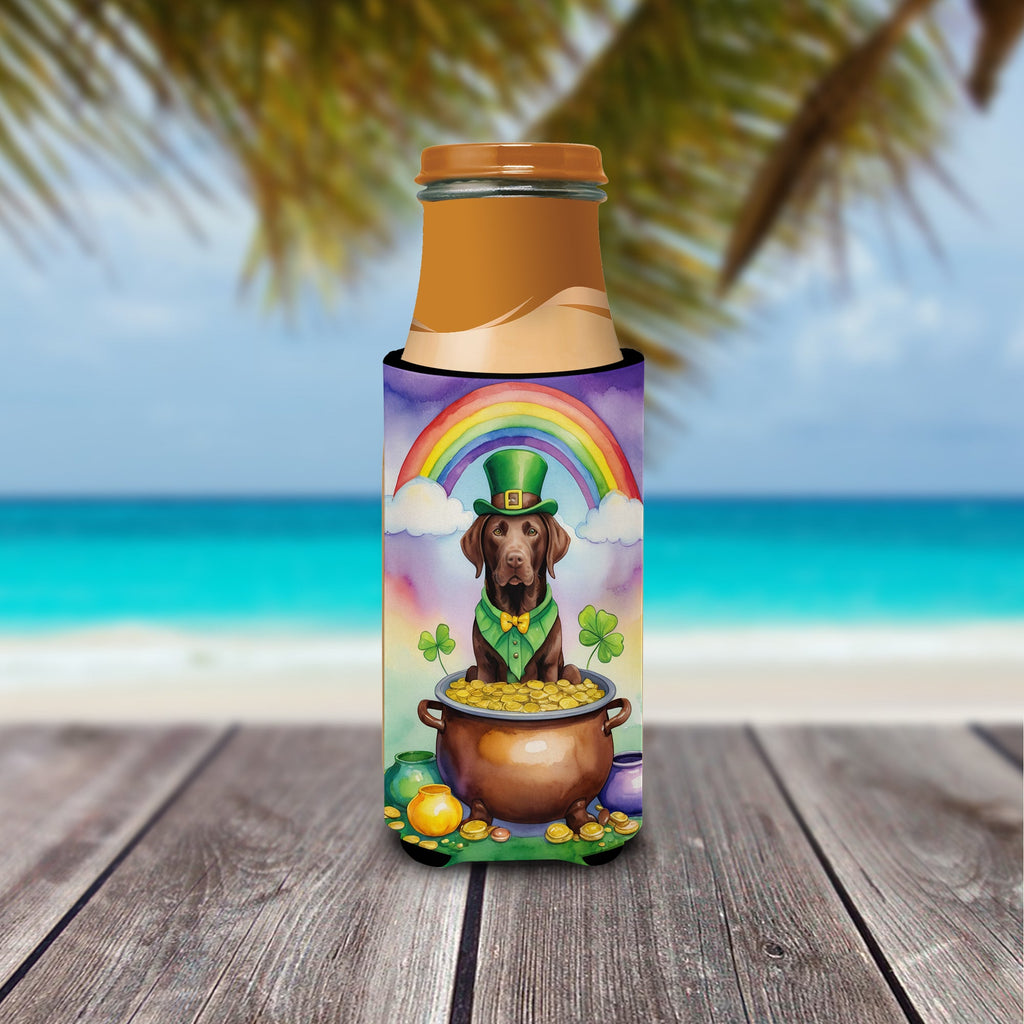 Labrador Retriever St Patrick's Day Slim Can Hugger , Insulated Foam Hugger for 12 oz Slim Cans, Beer Bottles & Water Bottles, Printed in USA
