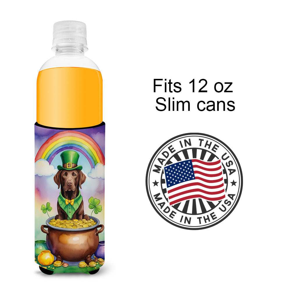 Labrador Retriever St Patrick's Day Slim Can Hugger , Insulated Foam Hugger for 12 oz Slim Cans, Beer Bottles & Water Bottles, Printed in USA