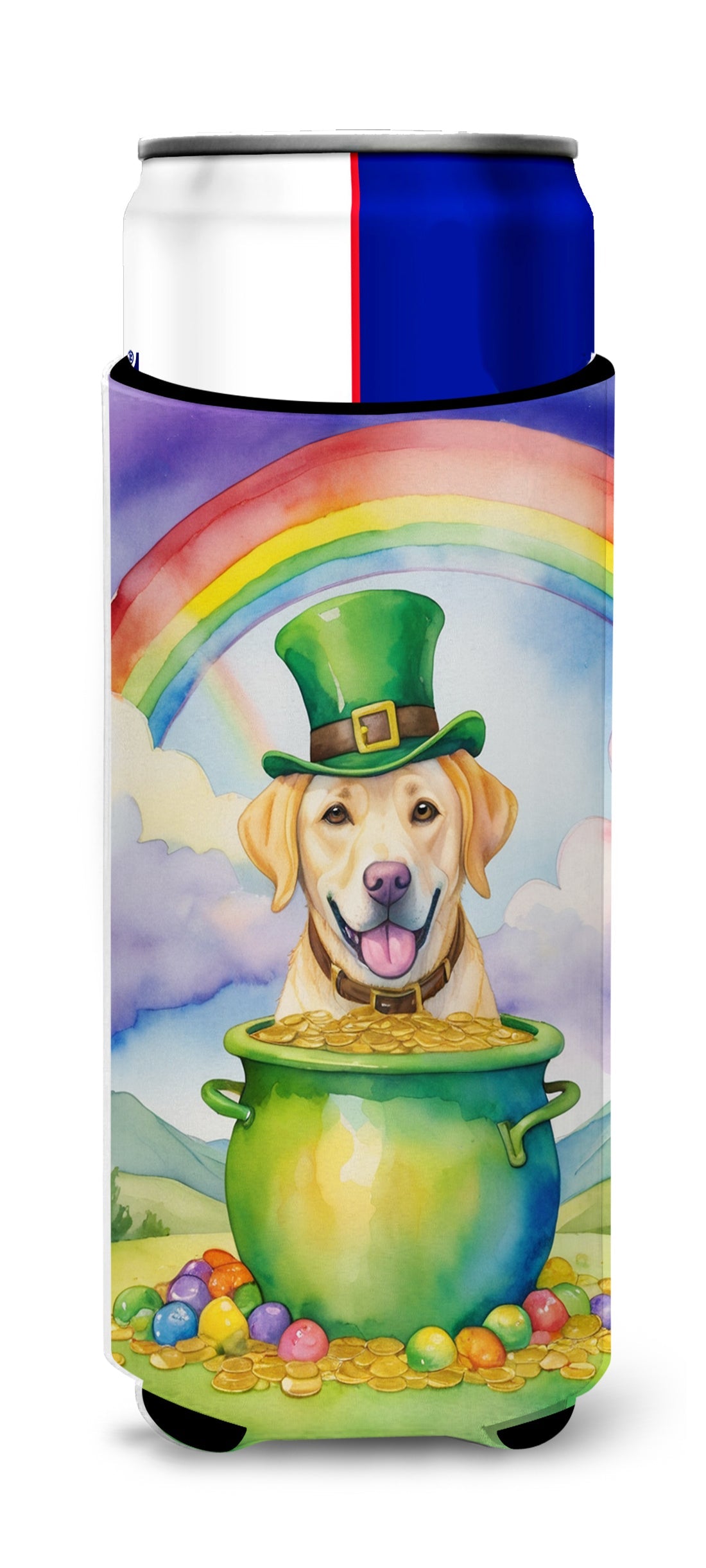 Labrador Retriever St Patrick's Day Slim Can Hugger , Insulated Foam Hugger for 12 oz Slim Cans, Beer Bottles & Water Bottles, Printed in USA