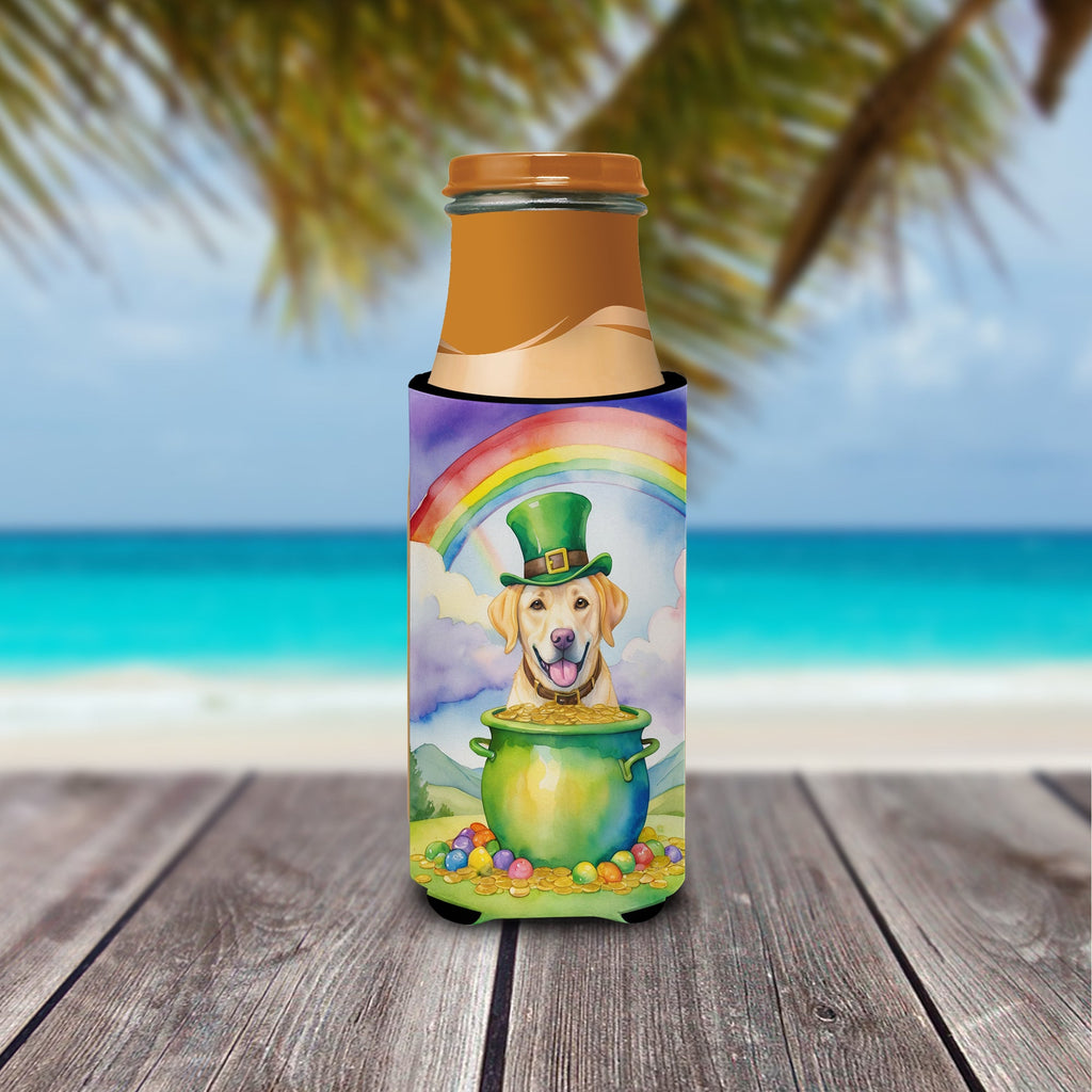 Labrador Retriever St Patrick's Day Slim Can Hugger , Insulated Foam Hugger for 12 oz Slim Cans, Beer Bottles & Water Bottles, Printed in USA