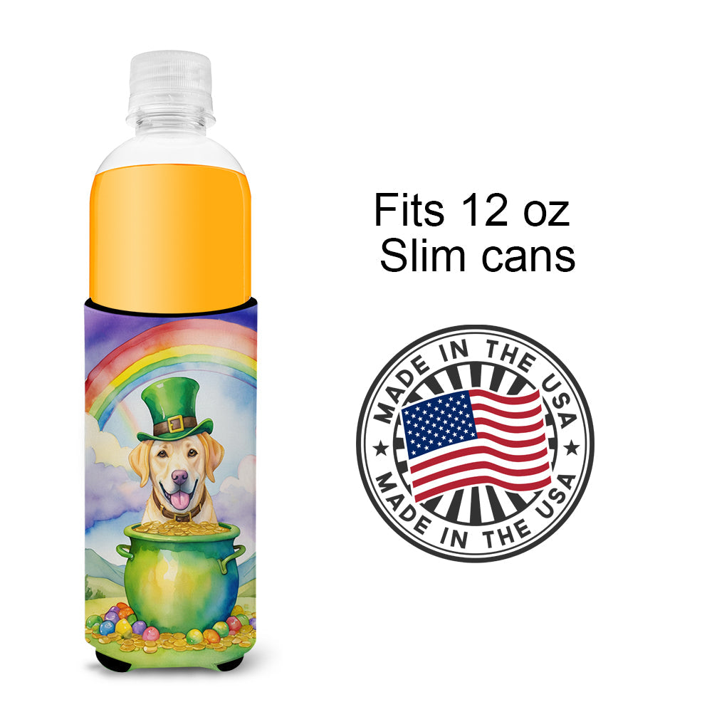 Labrador Retriever St Patrick's Day Slim Can Hugger , Insulated Foam Hugger for 12 oz Slim Cans, Beer Bottles & Water Bottles, Printed in USA