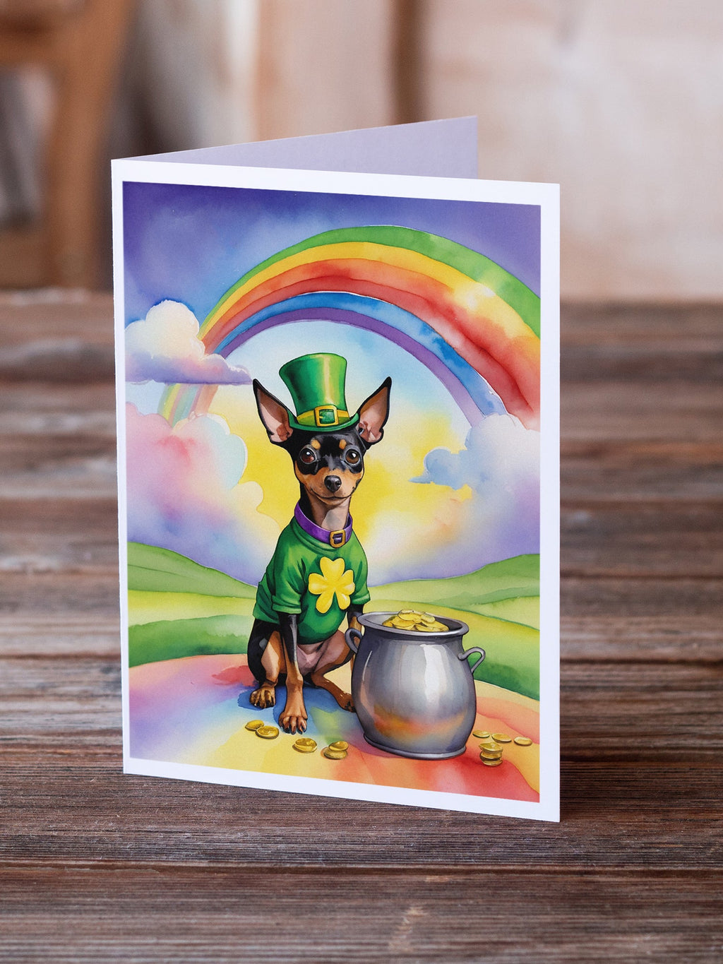 Miniature Pinscher St Patrick's Day Greeting Cards Pack of 8 Blank Cards with Envelopes Whimsical A7 Size 5x7