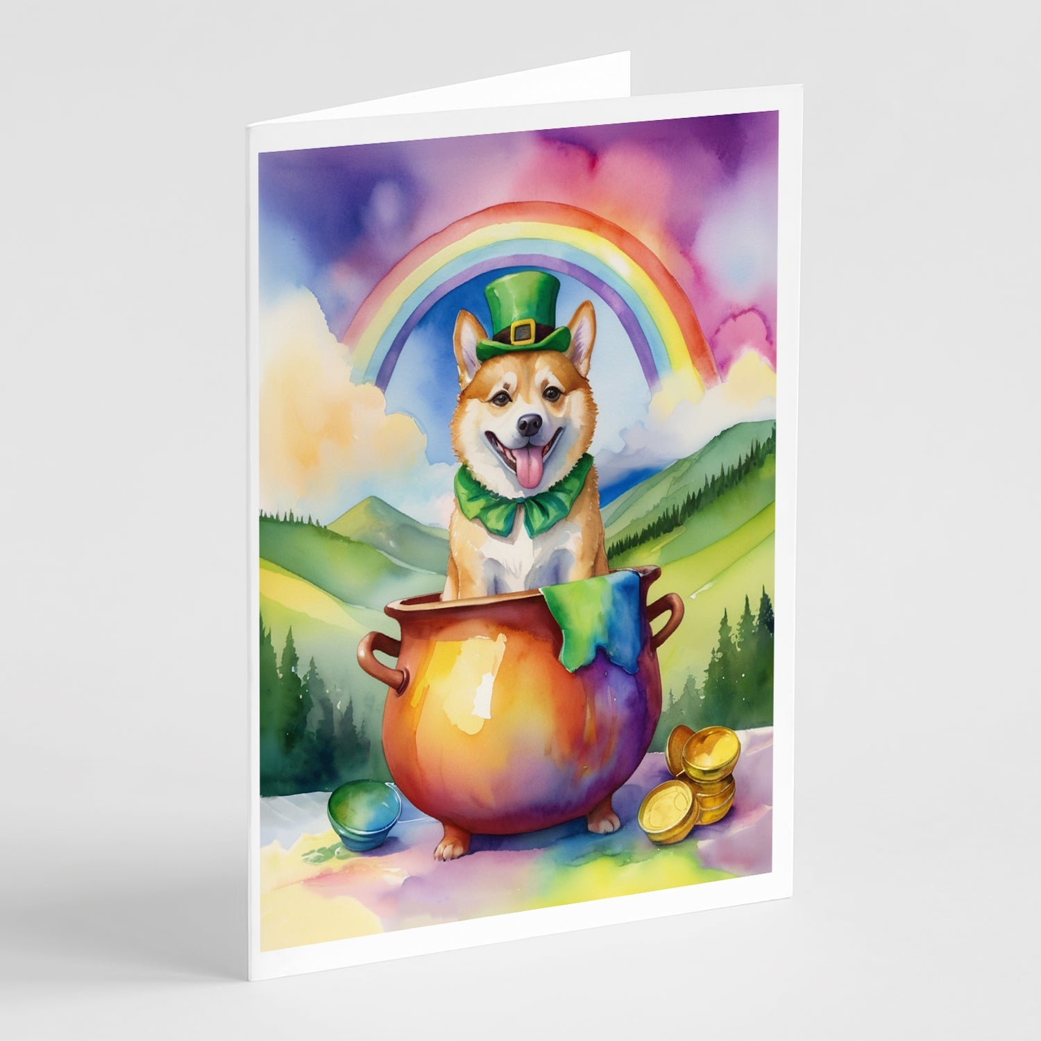 Norwegian Buhund St Patrick's Day Greeting Cards Pack of 8 Blank Cards with Envelopes Whimsical A7 Size 5x7