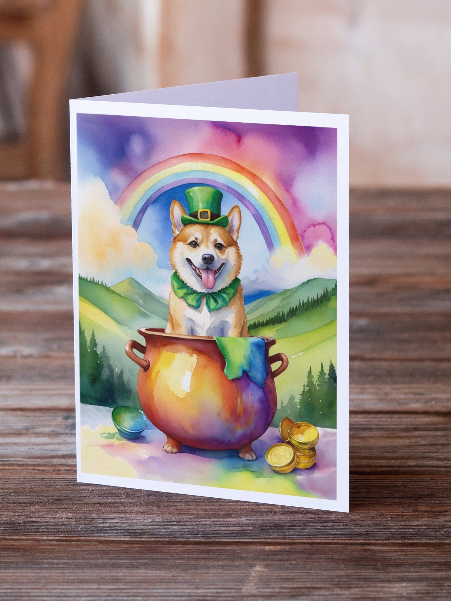 Norwegian Buhund St Patrick's Day Greeting Cards Pack of 8 Blank Cards with Envelopes Whimsical A7 Size 5x7