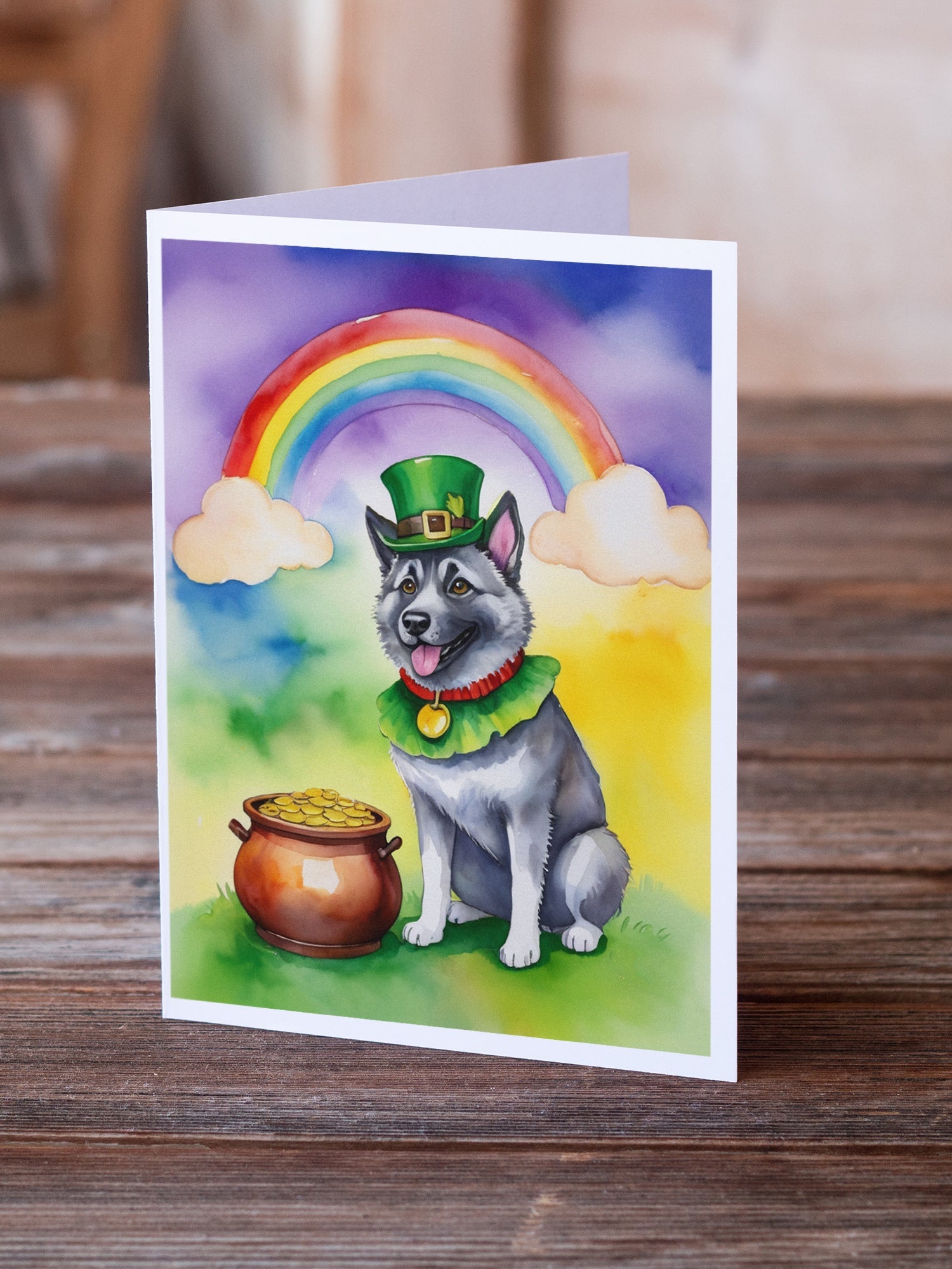 Norwegian Elkhound St Patrick's Day Greeting Cards Pack of 8 Blank Cards with Envelopes Whimsical A7 Size 5x7