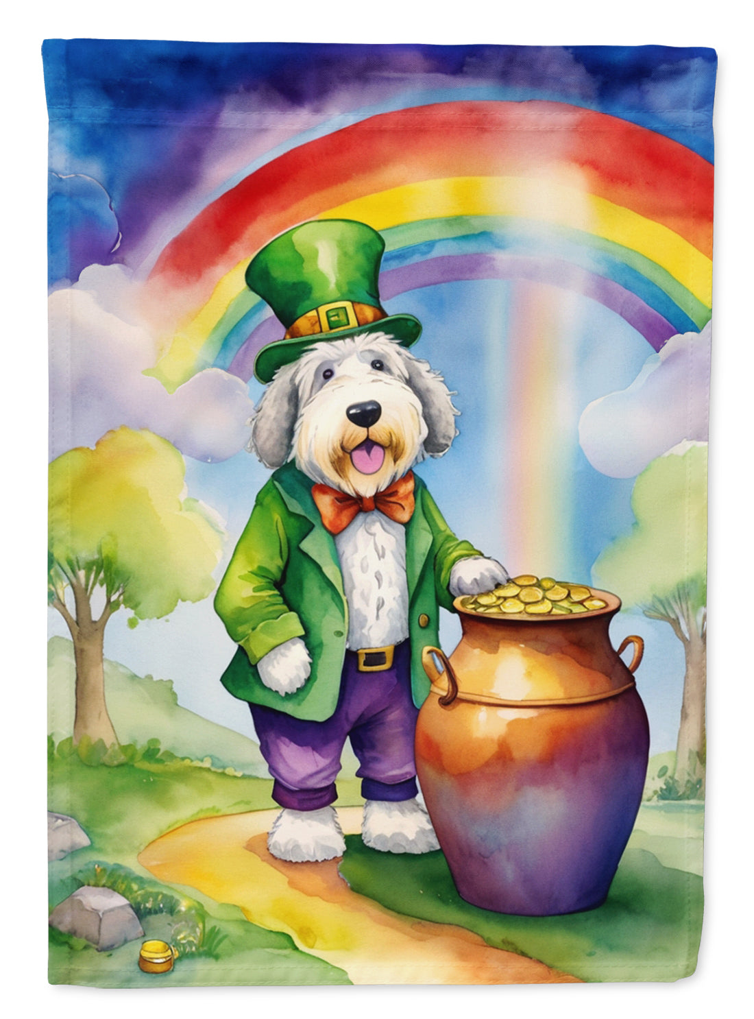 Old English Sheepdog St Patrick's Day House Flag 28x40 Porch Sleeve Pole Decorative Outside Yard Banner Artwork Wall Hanging, Polyester