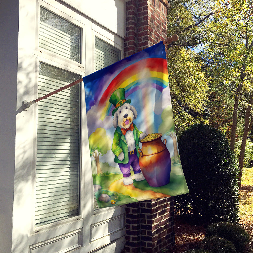 Old English Sheepdog St Patrick's Day House Flag 28x40 Porch Sleeve Pole Decorative Outside Yard Banner Artwork Wall Hanging, Polyester
