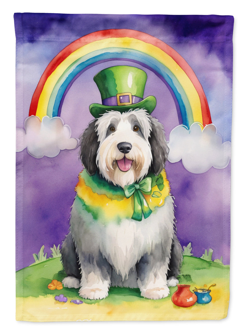 Old English Sheepdog St Patrick's Day House Flag 28x40 Porch Sleeve Pole Decorative Outside Yard Banner Artwork Wall Hanging, Polyester