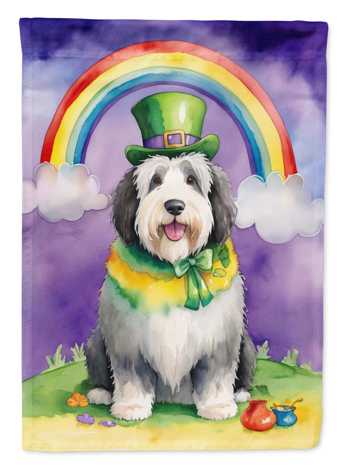 Old English Sheepdog St Patrick's Day House Flag 28x40 Porch Sleeve Pole Decorative Outside Yard Banner Artwork Wall Hanging, Polyester