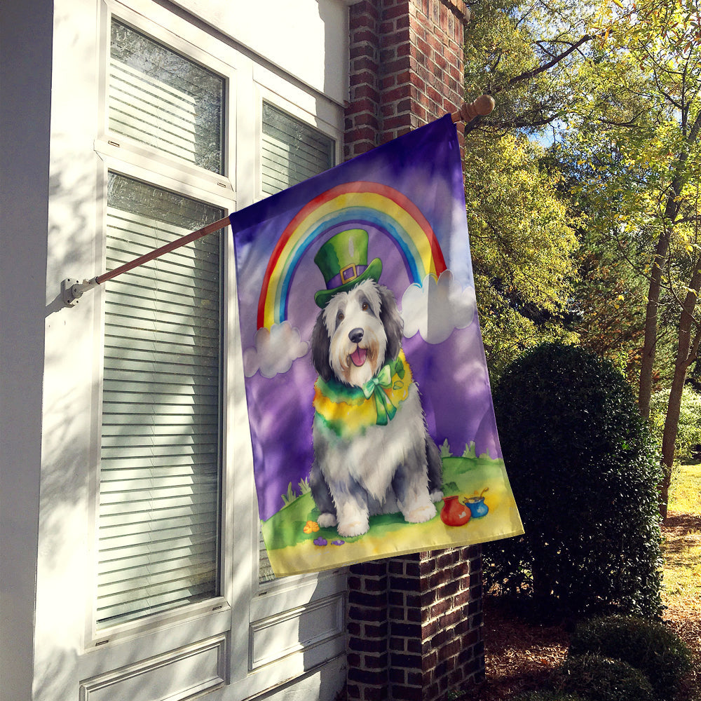 Old English Sheepdog St Patrick's Day House Flag 28x40 Porch Sleeve Pole Decorative Outside Yard Banner Artwork Wall Hanging, Polyester