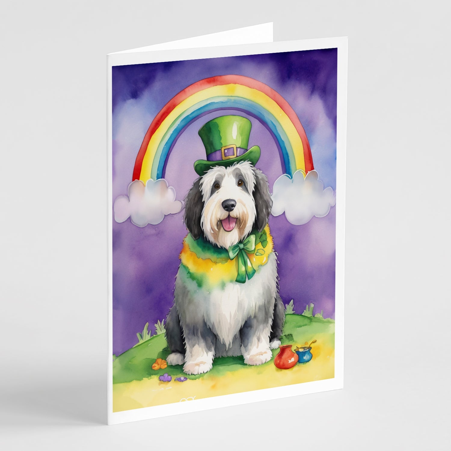Old English Sheepdog St Patrick's Day Greeting Cards Pack of 8 Blank Cards with Envelopes Whimsical A7 Size 5x7