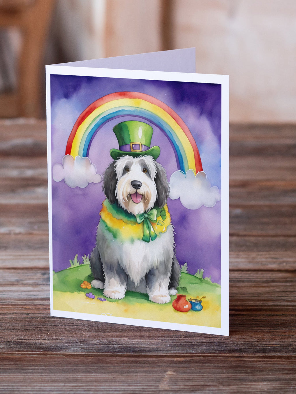 Old English Sheepdog St Patrick's Day Greeting Cards Pack of 8 Blank Cards with Envelopes Whimsical A7 Size 5x7